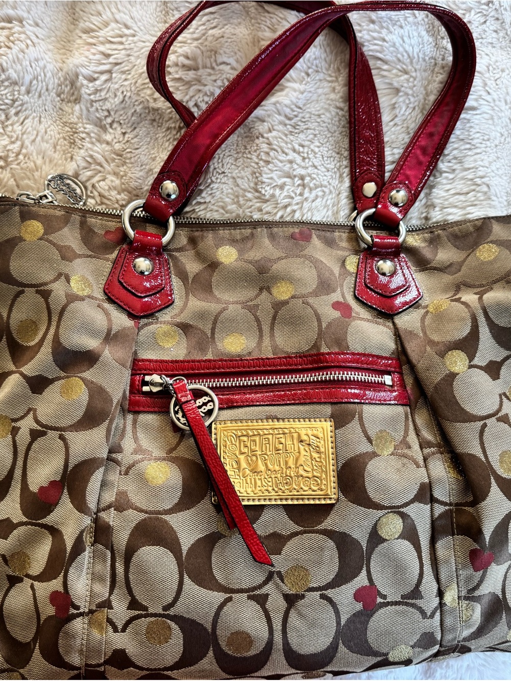 Coach Brown Signature Tote with Red Trim and Gold Accent